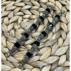 Best Y2k Double Strand Beaded Stretch Watch Band Silver Plated Black Glass Camp